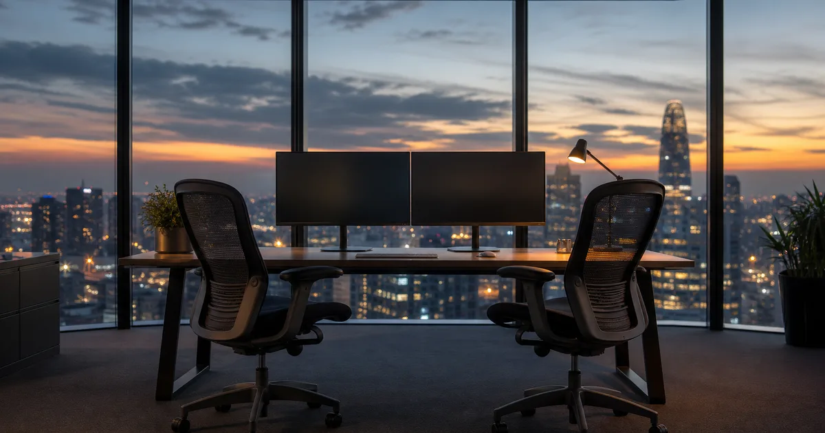 Young professional reviewing financial charts and spreadsheets at a glass-walled office desk in a modern city high-rise