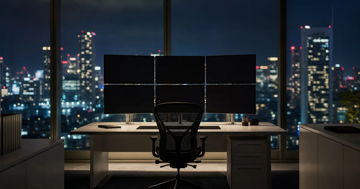 A graduate student reviews financial charts and equations on dual monitors in a university research lab at night