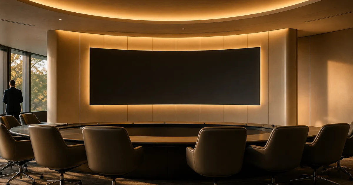 A professional in a modern open-plan office presenting a cloud architecture diagram on a large monitor to attentive colleagues