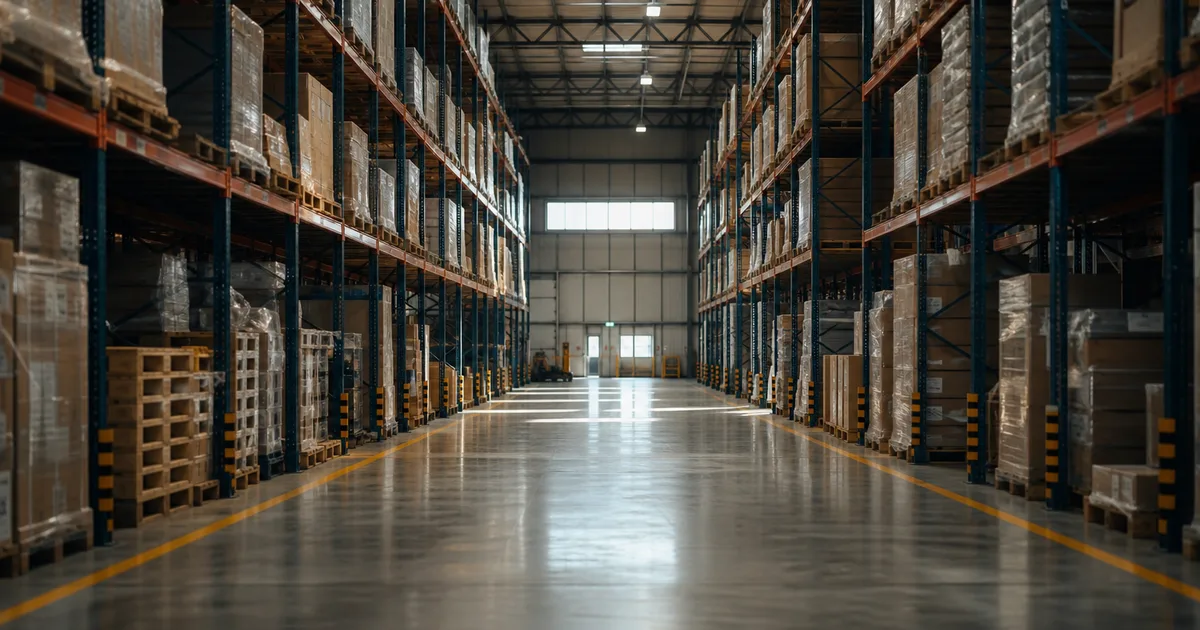 A supply chain analyst reviewing inventory dashboards on dual monitors inside a modern warehouse operations center
