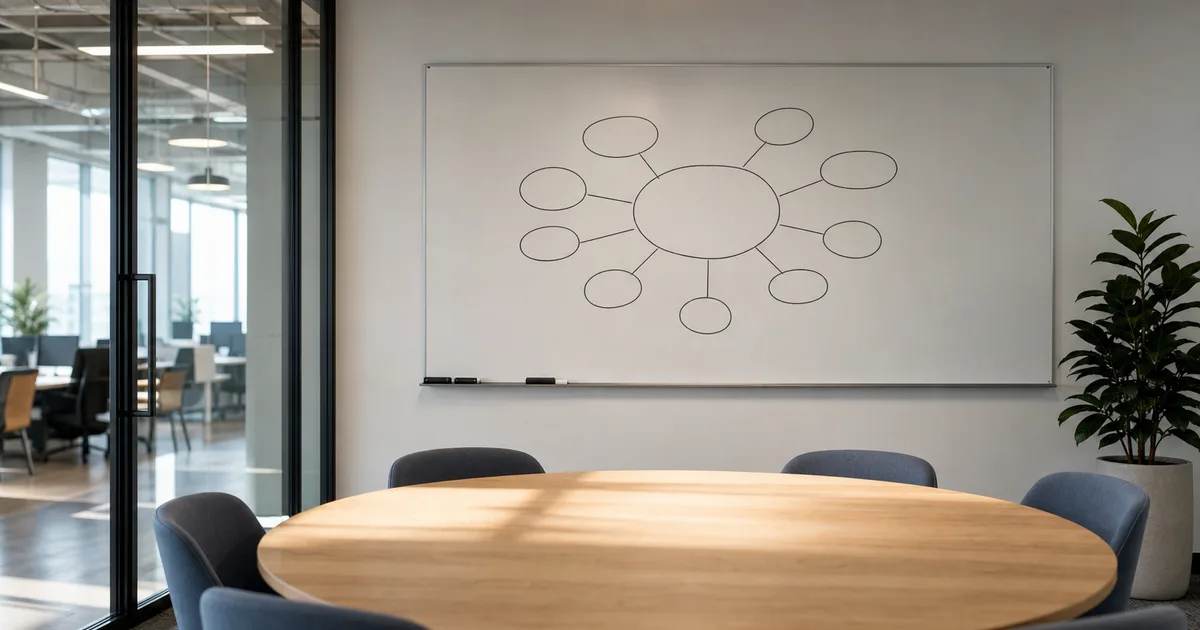 A young professional standing at a whiteboard presenting to a small group of colleagues in a modern open-plan office