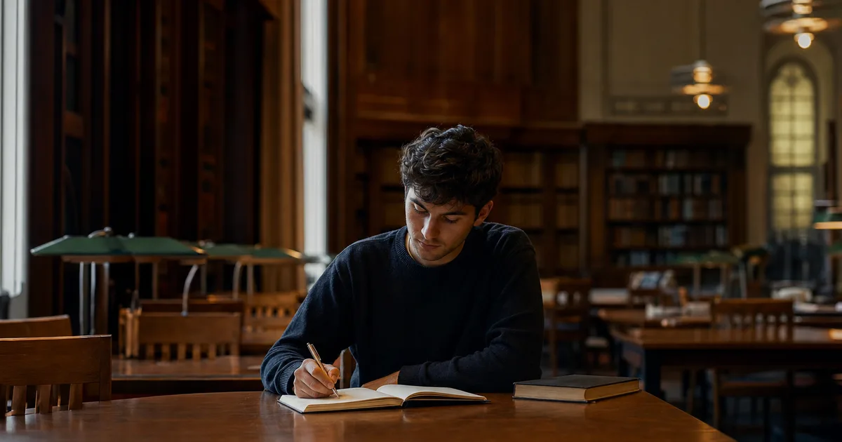 A candidate sitting thoughtfully at a table with a notebook, pen in hand, composing notes in a quiet library study room with warm overhead lighting