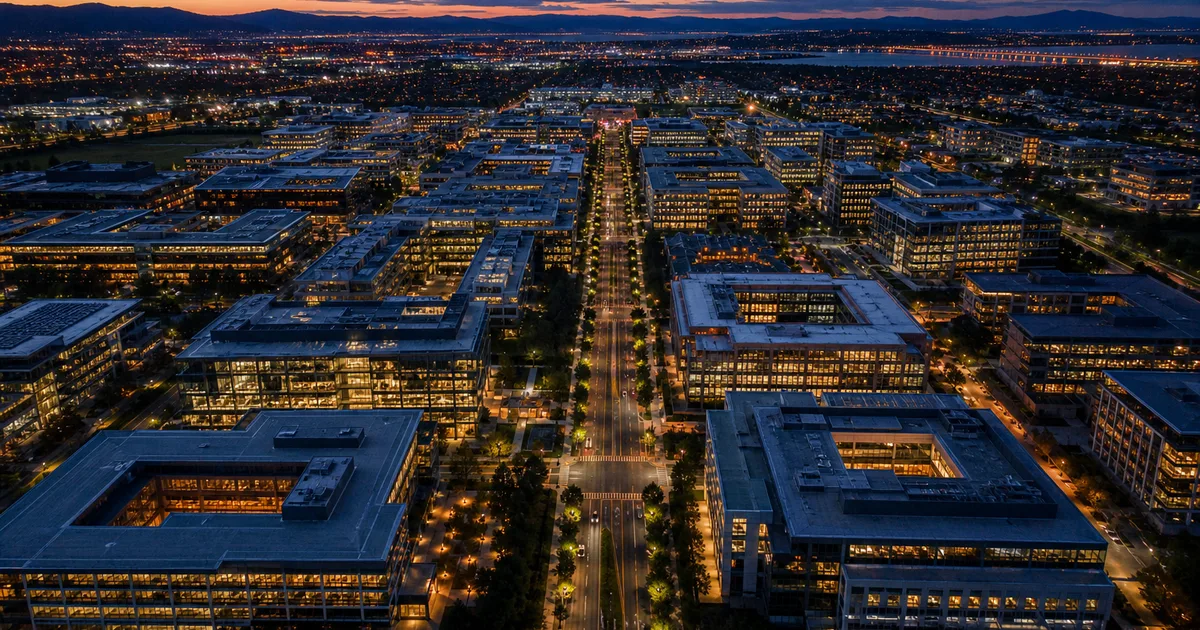 A software engineer sits at a standing desk overlooking a city skyline through floor-to-ceiling windows at dusk