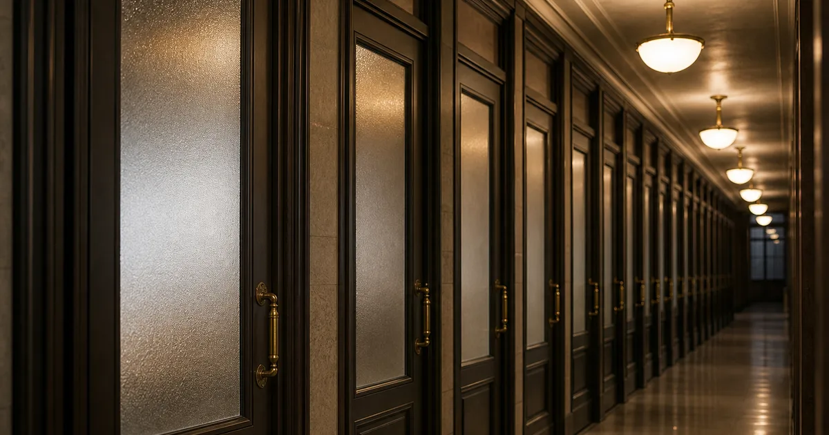 A row of identical storefront office doors along a lit corridor in an older commercial building at evening, brass handles and frosted glass panels receding