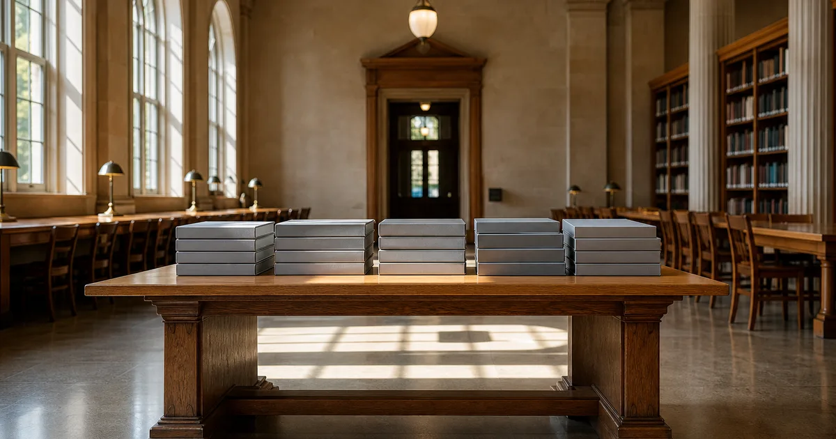 A public library reading room at midday, a long oak table with neat stacks of identical unmarked binders, tall arched windows throwing bands of light across