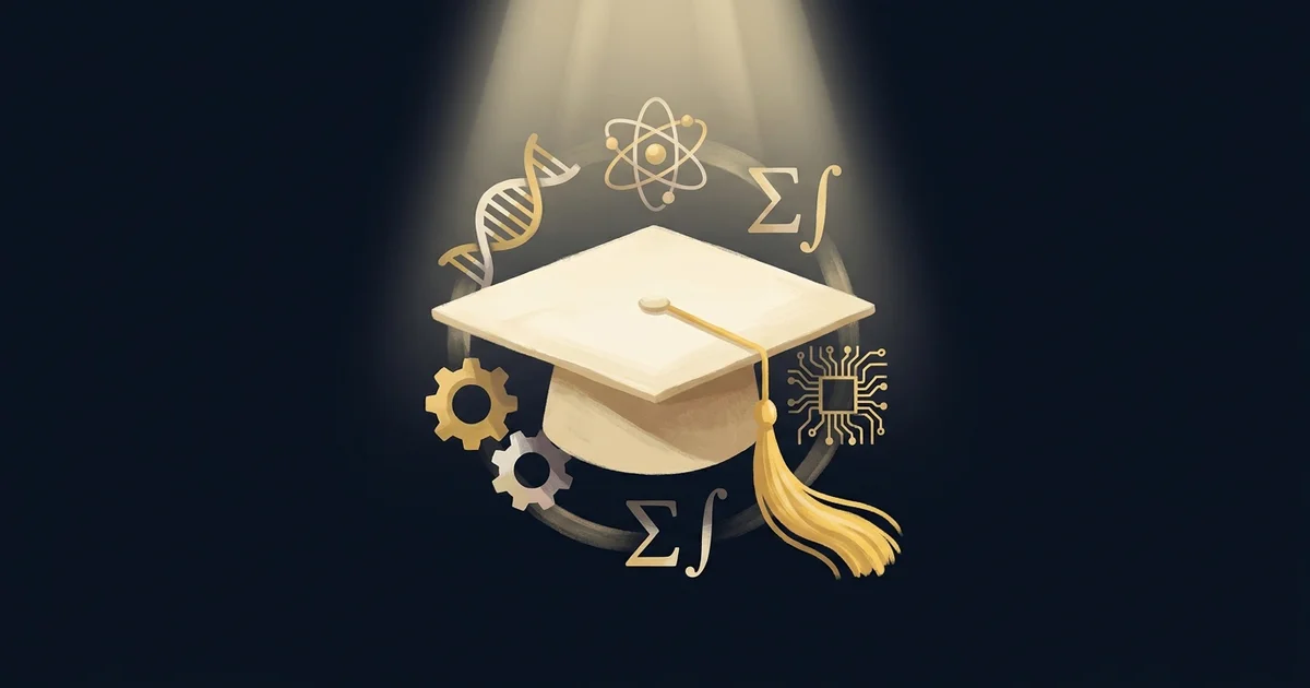 A graduation cap centered on a navy surface with a halo of subject-area icons (DNA, gear, atom, equation, circuit board) around it.