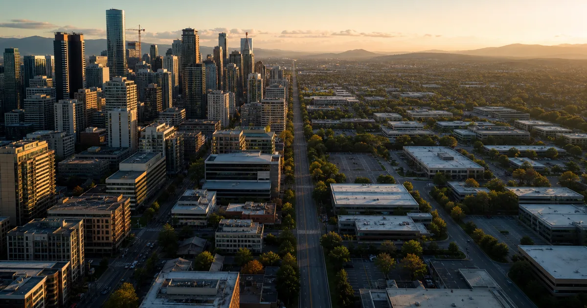 An aerial split of a dense downtown skyline on one side and a quieter suburban business park on the other, late afternoon golden light