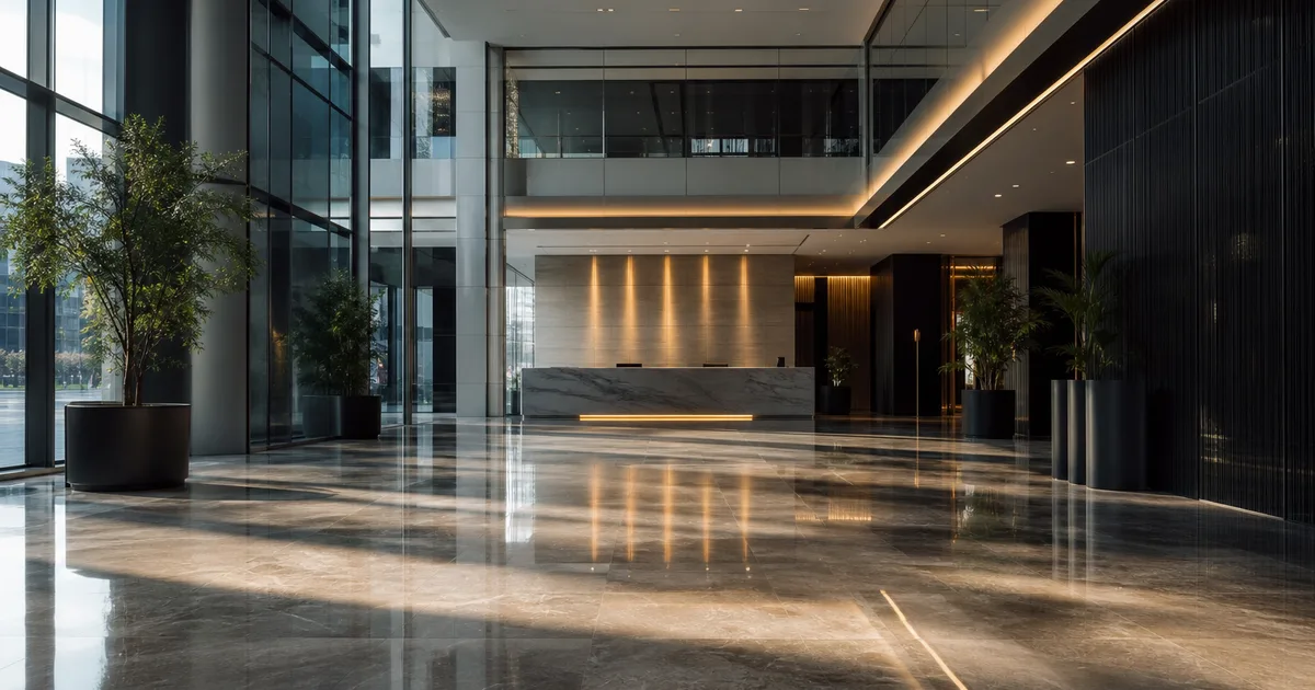 Professional accountants working at glass-walled office desks with city skyline visible through floor-to-ceiling windows