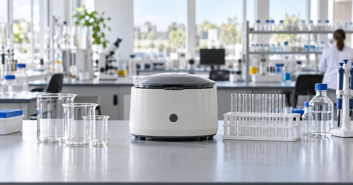 Researcher in a lab coat reviewing genomic sequencing data on a laptop beside a pipette rack and sample tubes