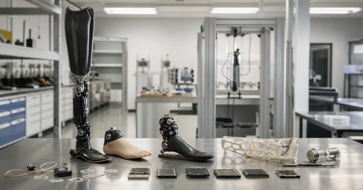 Biomedical engineer in a modern medical device lab reviewing circuit boards and imaging equipment at a workbench