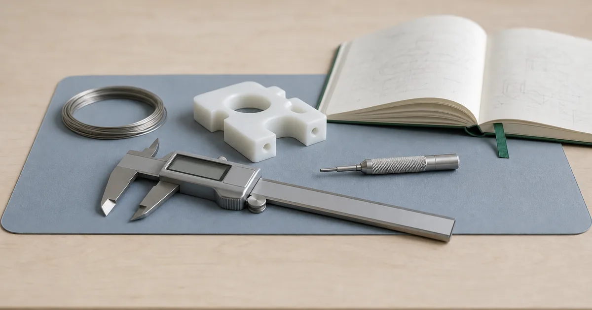 A clean engineering workbench in soft daylight holding calipers, a torque driver and an unbranded machined polymer component beside an open notebook