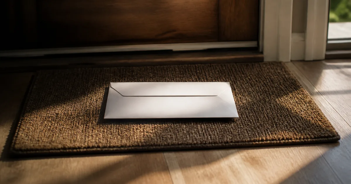 A photograph of a sealed appointment notice envelope, a photo ID card, and a pen arranged on a desk near a sunlit window