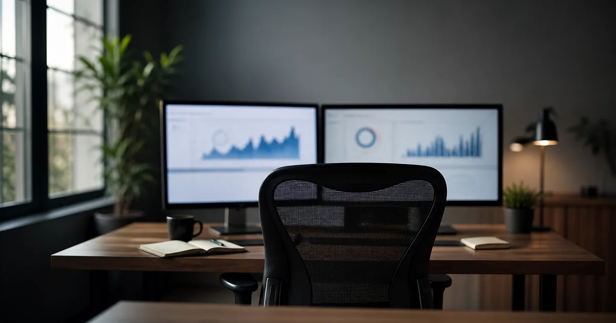 A quiet analyst office with dual monitors showing soft out-of-focus statistical charts, a notebook and coffee, clean even light