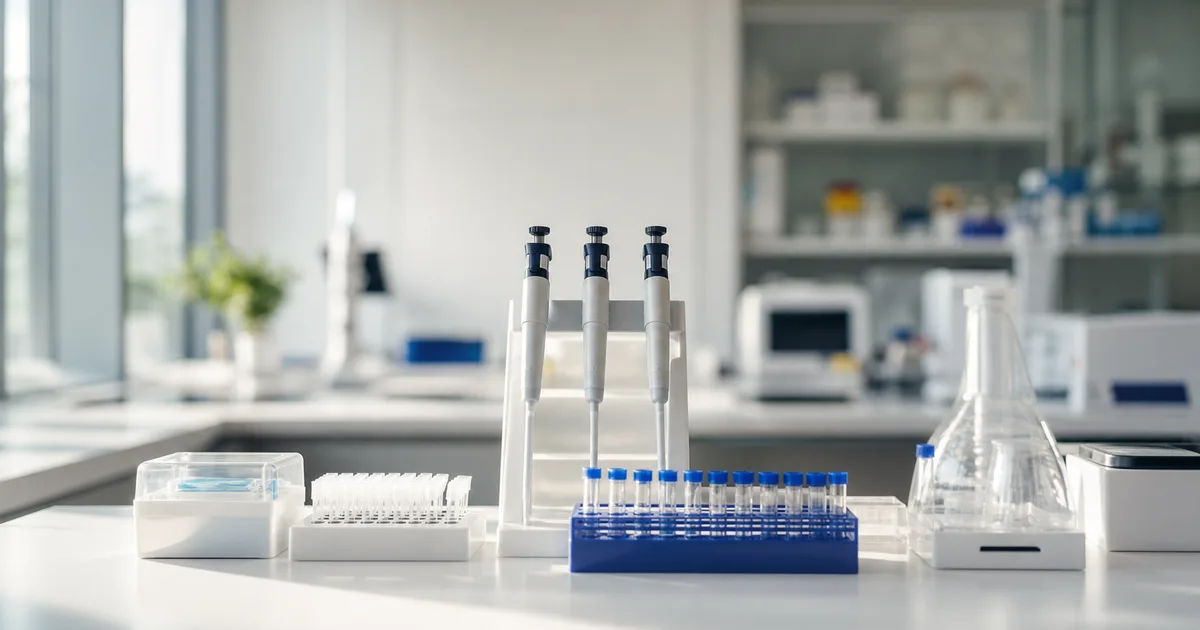 A modern life-sciences lab with pipettes and sample racks on a white bench, soft clinical light, shallow focus, no people