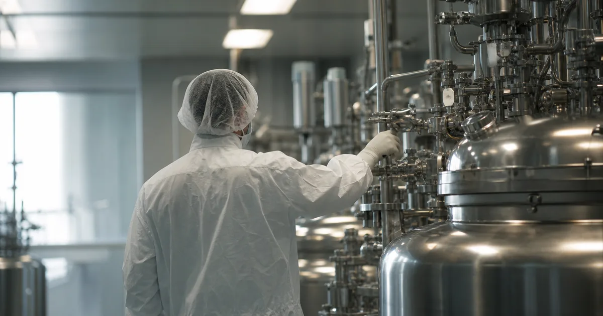 A bioprocess engineer in a white cleanroom gown and gloves adjusting stainless steel bioreactor valves in a sterile manufacturing suite illuminated by bright