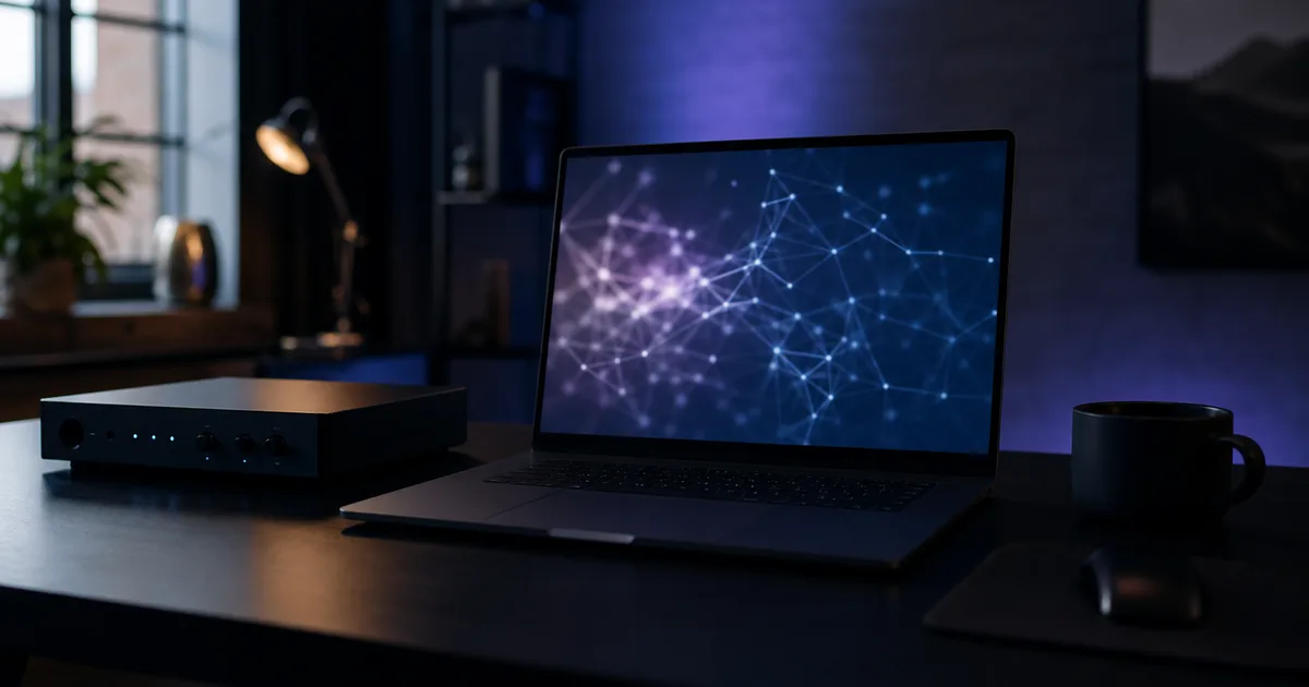 A sleek dark desk with a laptop showing blurred abstract node-link graphics and a hardware device, cool blue-violet ambient light, no readable text, no