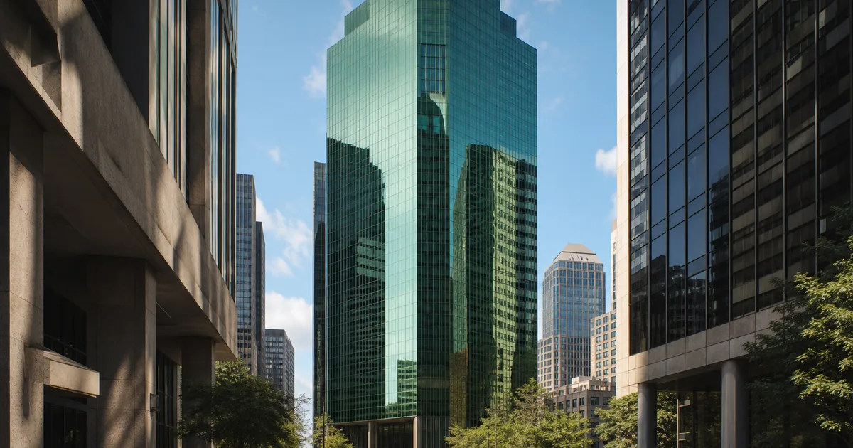 A developer reviews financial data on multiple monitors in a modern open-plan office with floor-to-ceiling windows overlooking a city skyline