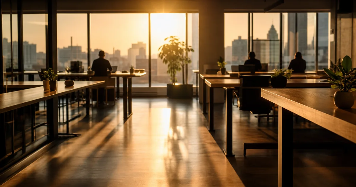 A modern co-working space in warm afternoon light with empty desks and floor-to-ceiling windows, shallow depth of field