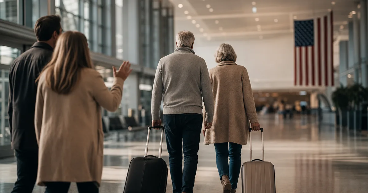 An older couple with rolling luggage being greeted at an airport arrivals terminal, warm overhead lighting, an American flag visible in the background