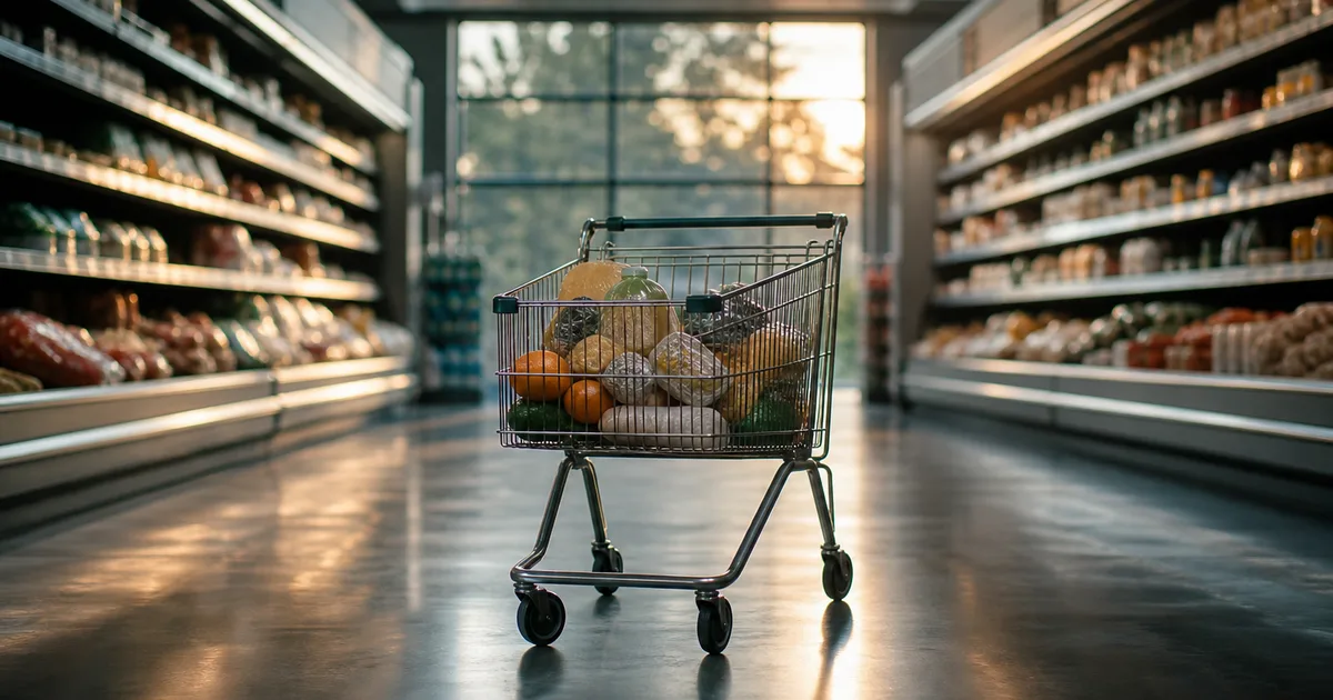 An early-morning grocery store aisle, a shopping cart half full and no shoppers in frame