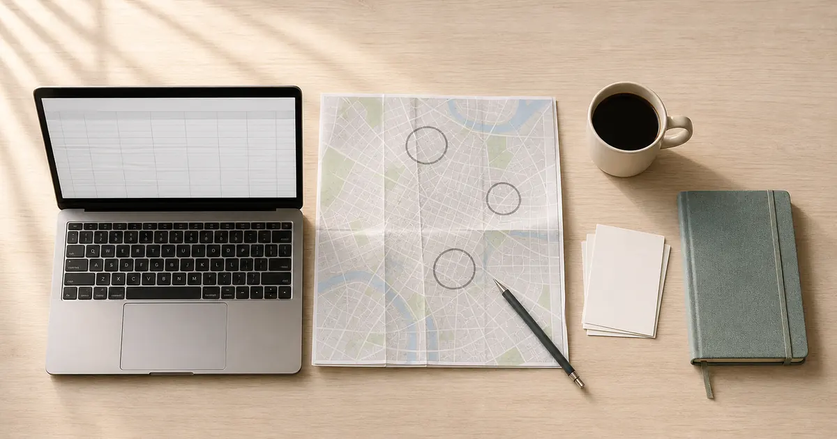 An overhead view of a desk with a laptop showing a blank spreadsheet, a printed city map with neighbourhoods circled in pencil, and a coffee cup