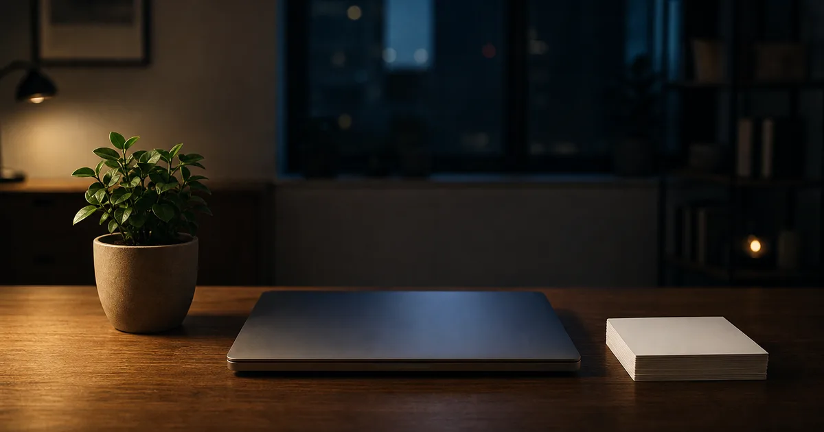 A quiet home office at night, a small potted plant beside a closed laptop and a stack of blank index cards