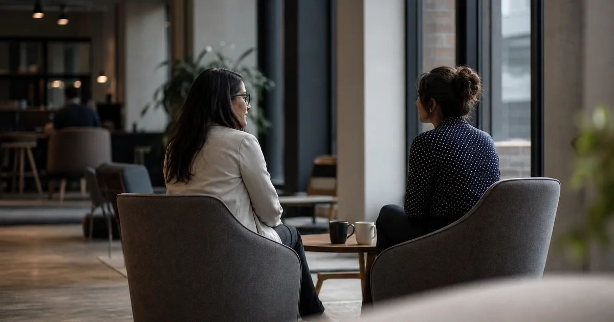 Two professionals in a quiet corner of a modern co-working space engaged in a focused mentoring conversation over coffee