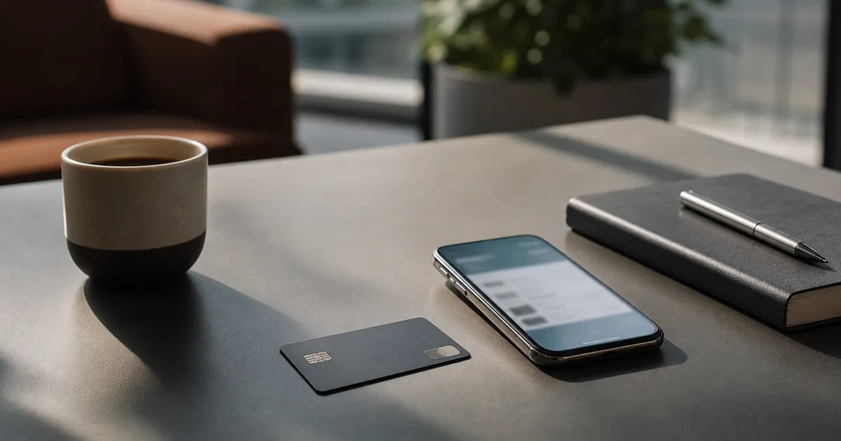 A clean desk with a credit card, a smartphone showing a blurred banking app and a coffee, bright modern light, no readable text