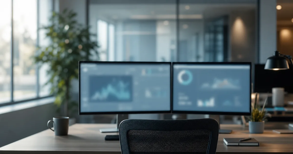An analysts desk with dual monitors showing soft out-of-focus dashboards, a coffee cup and notebook, clean office light