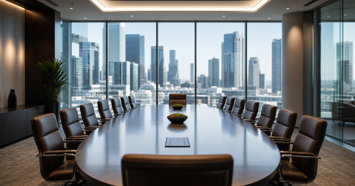 A business analyst presenting process diagrams on a large conference room display to a team of colleagues at a modern enterprise office