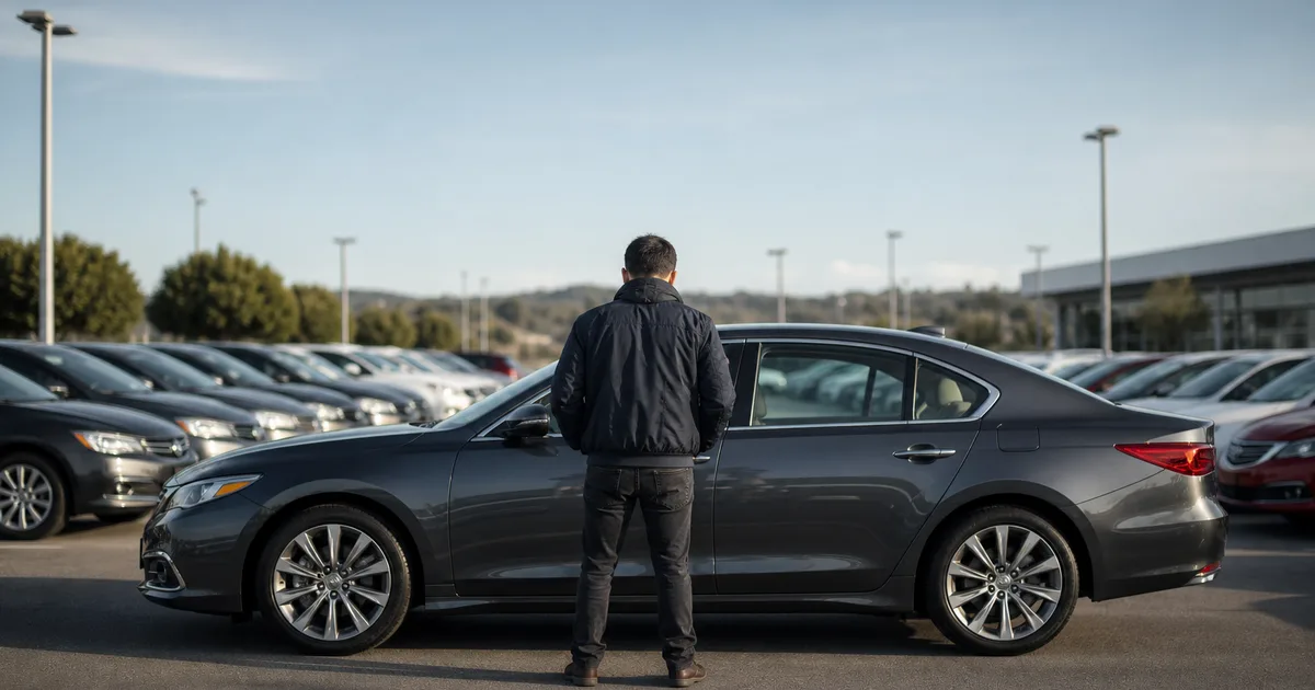 A person inspecting a sedan at an outdoor car dealership lot on a clear afternoon, rows of vehicles visible in the background