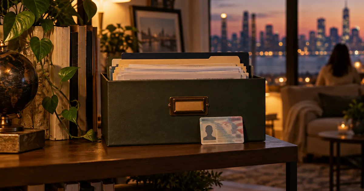 A pending green card application file box and a small plastic work-permit card resting on a home bookshelf at dusk, warm lamp glow and blurred city lights