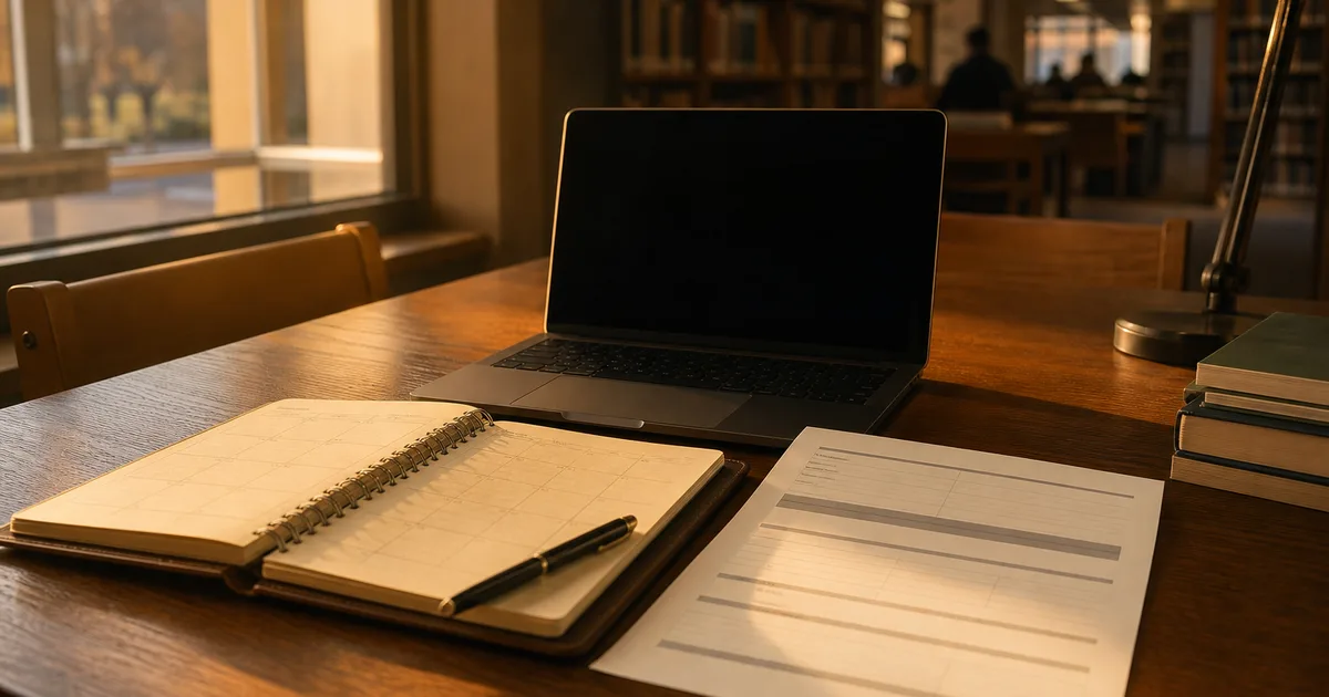 A university student reviewing paperwork at a campus library desk with a laptop open beside them