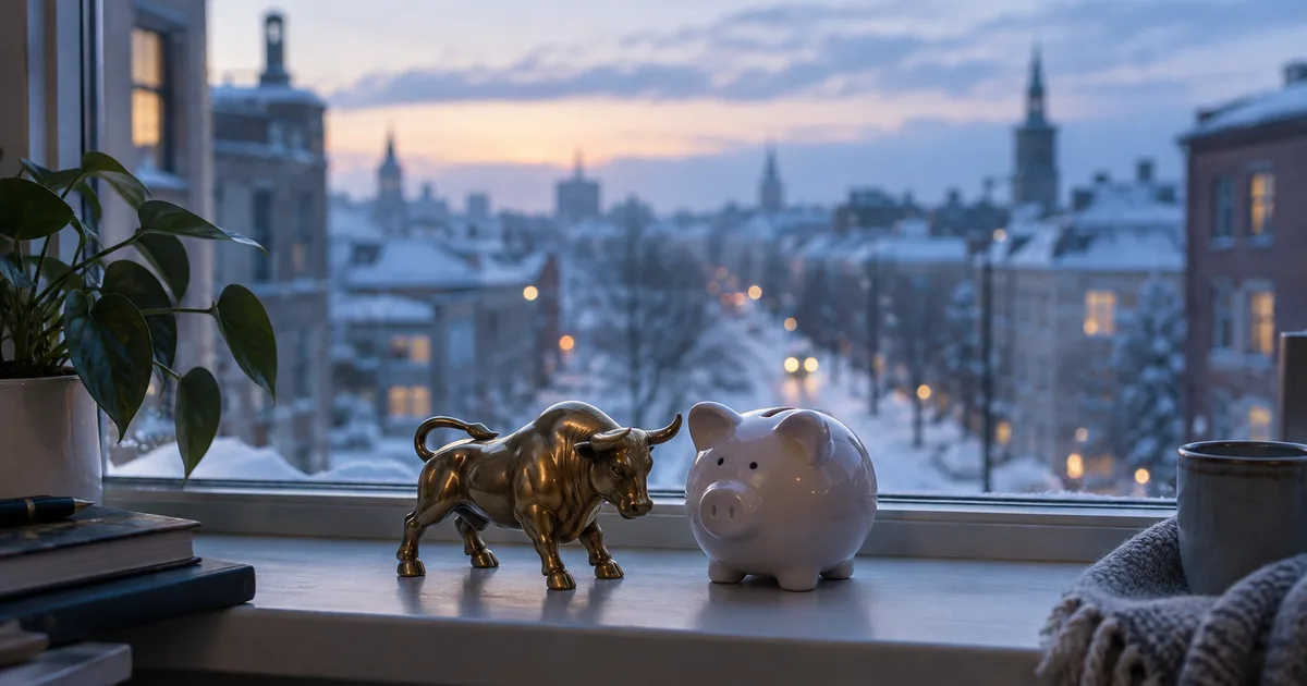 A small brass bull figurine and a ceramic piggy bank on the windowsill of a student apartment overlooking a snowy city street at dawn, soft blue light