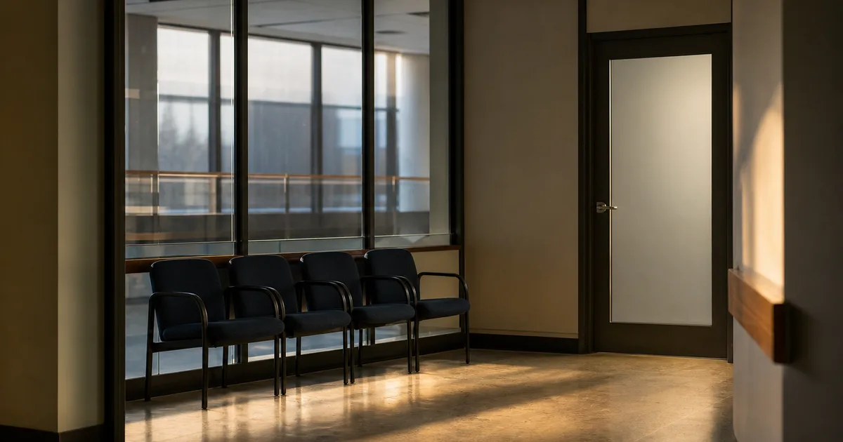 A university international student services corridor in late afternoon, empty waiting chairs against a glass partition and a closed door with a frosted