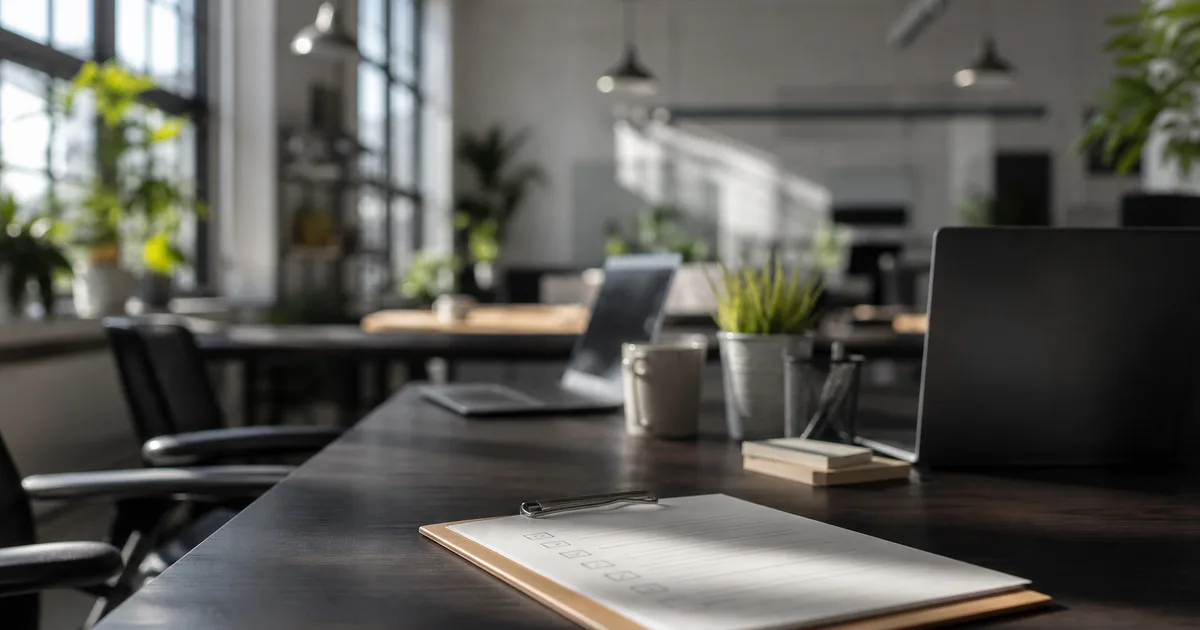 A startup office with a clipboard checklist whose text is illegible, laptops on a shared desk, bright modern light