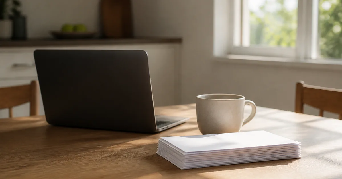 A laid-off professional reviewing paperwork and a laptop at a kitchen table, looking thoughtful during a job search