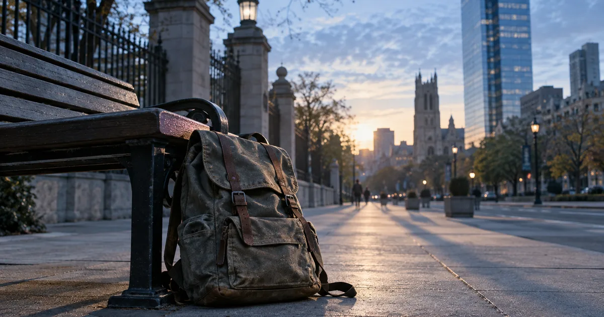 A worn student backpack leaning against a bench on a city sidewalk at dawn, a university iron gate on one side and a glass office tower rising on the other