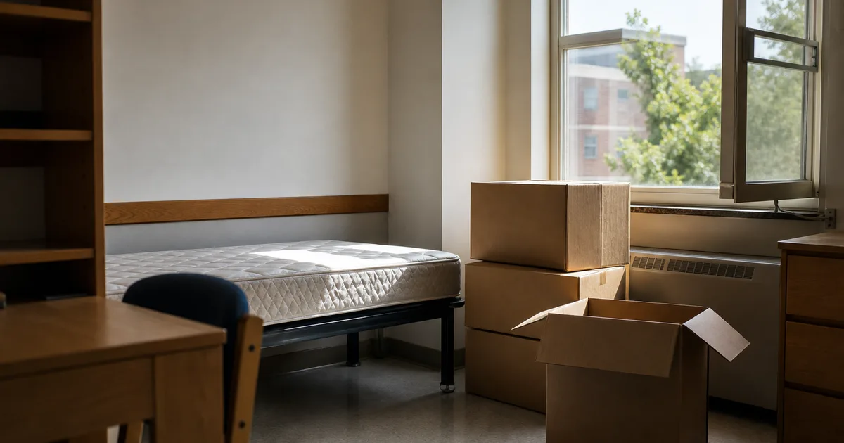 A dorm room mid move-out at midday, cardboard boxes stacked near a bare mattress and open window light