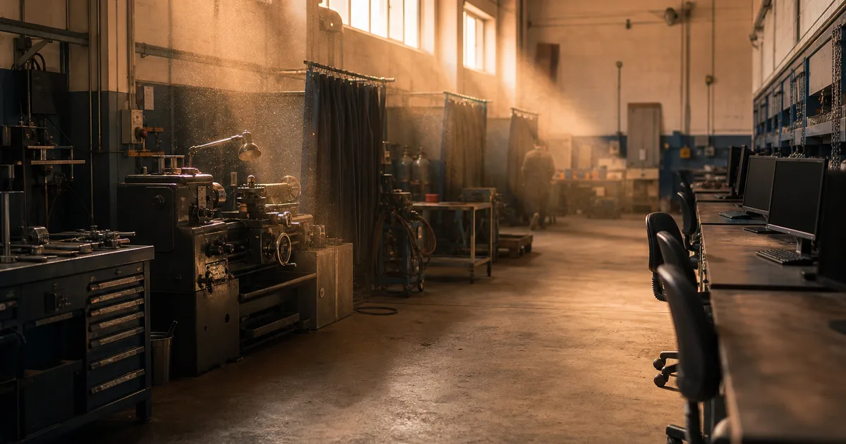 A mixed engineering workshop at golden hour, a lathe and welding bench along one wall and a row of empty computer benches along the other, dust hanging in