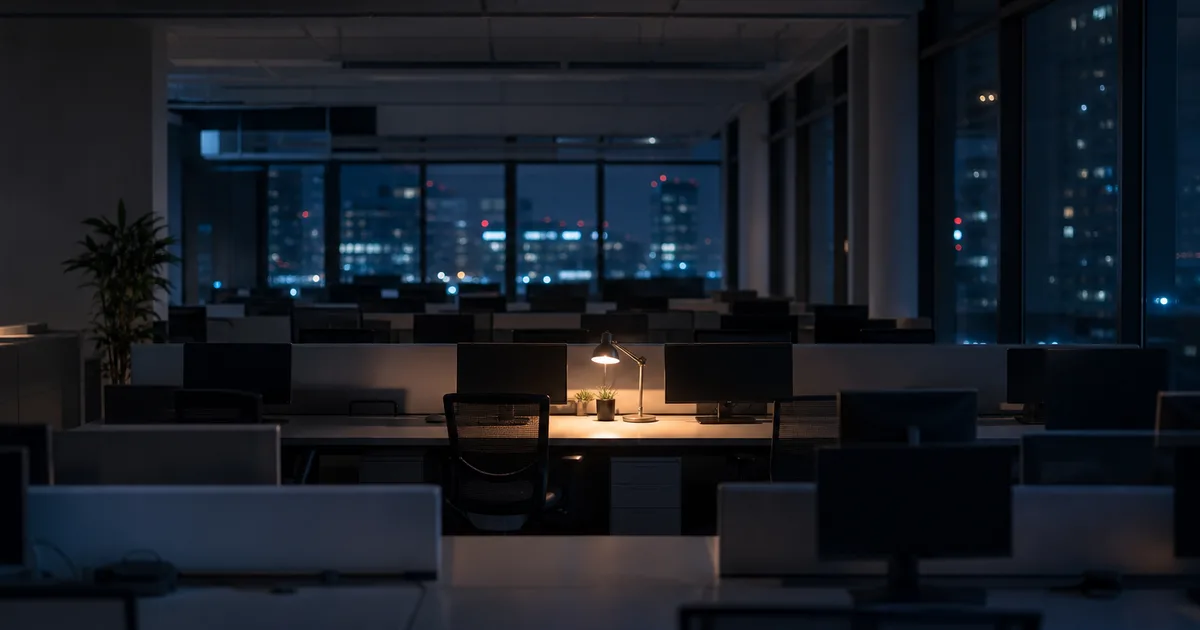 A near-empty open-plan engineering office late at night, long rows of vacant desks with powered-down monitors and a single desk lamp still lit, city lights