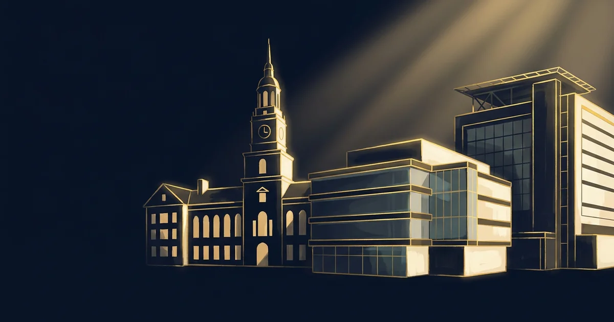 A stylized university campus building beside a research lab and hospital silhouette in editorial composition.