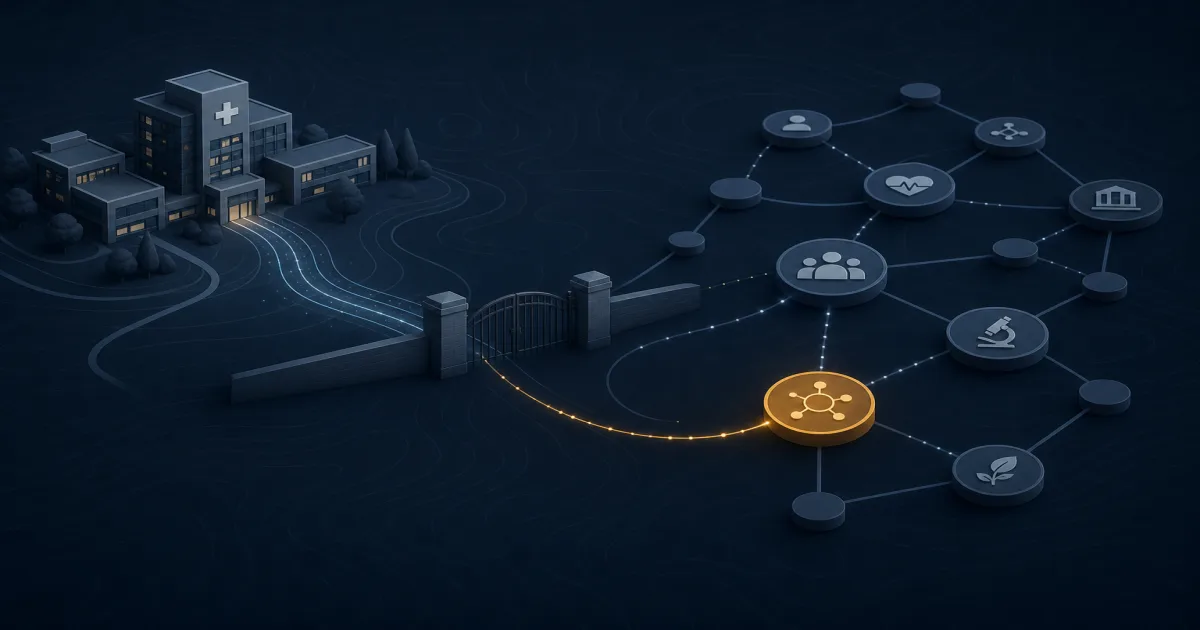 Abstract illustration of interconnected nodes flowing from a stylized hospital silhouette to a research building, with a topographic-line texture background.