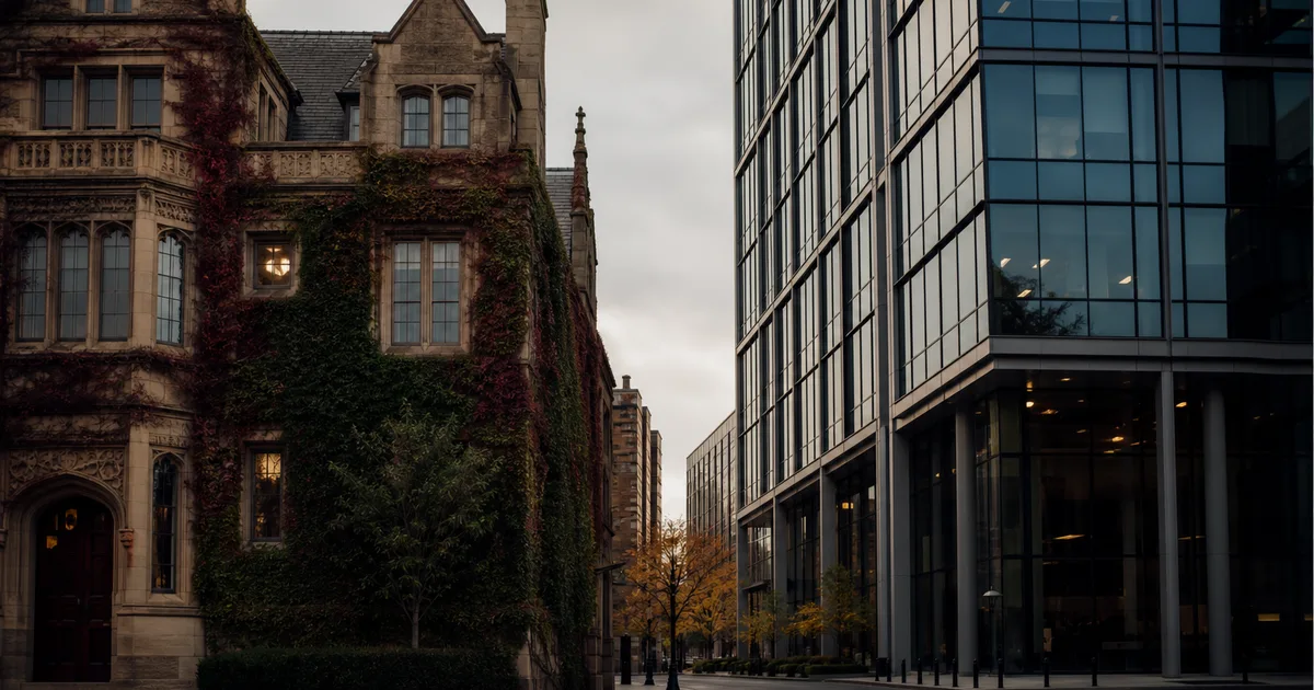 Two building facades photographed from the street - a traditional stone university building with ivy on the left and a modern steel-and-glass corporate tower