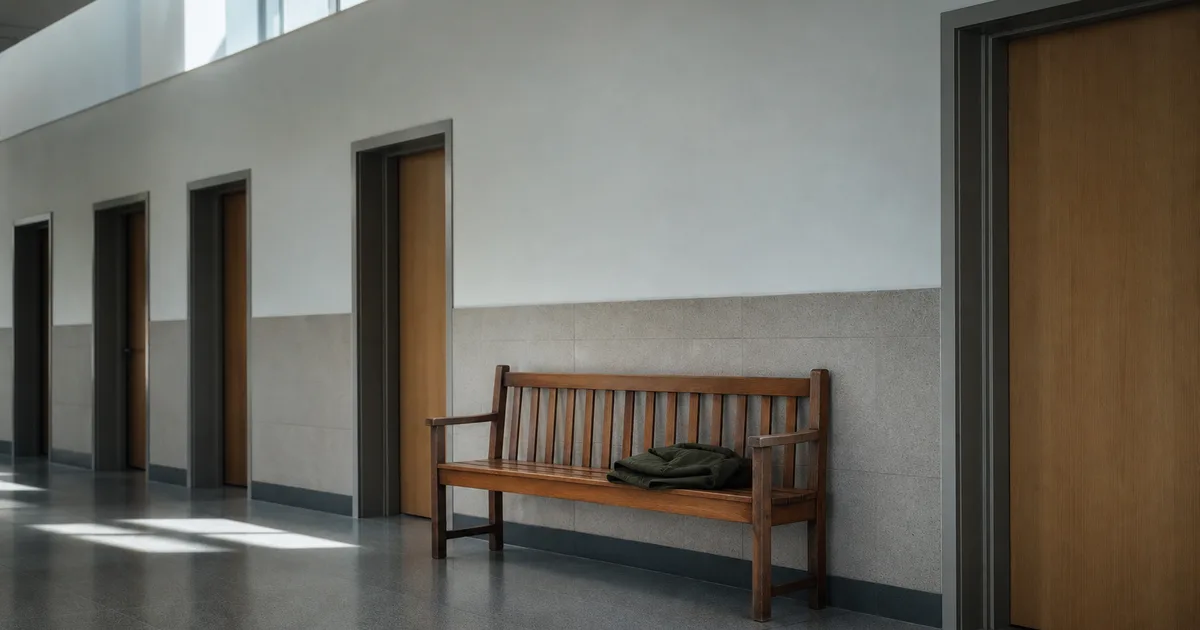 A quiet international-student services corridor at midday, a row of closed advising-office doorways and one empty wooden bench holding a folded jacket, cool