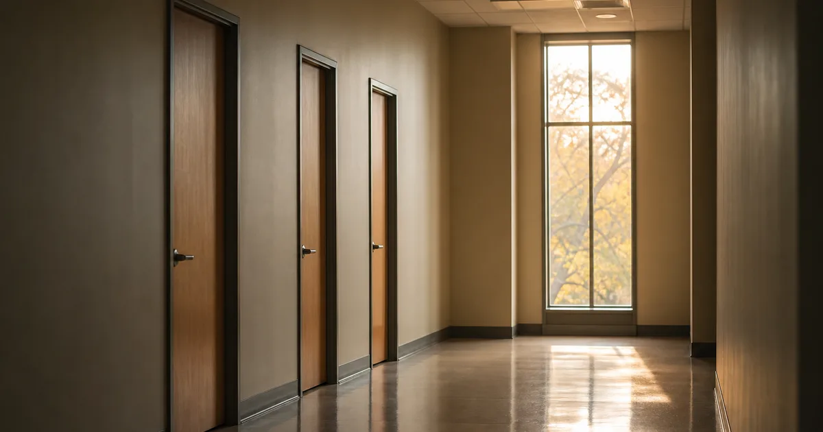 A campus career center corridor at late afternoon, three closed office doors along a bare hallway, warm light pooling from a single tall window at the far
