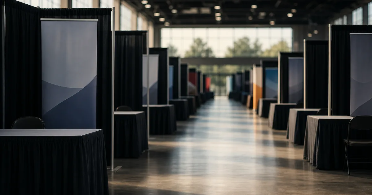 A university career-fair hall with rows of empty exhibitor booths and banners blurred, bright convention-hall light, no people