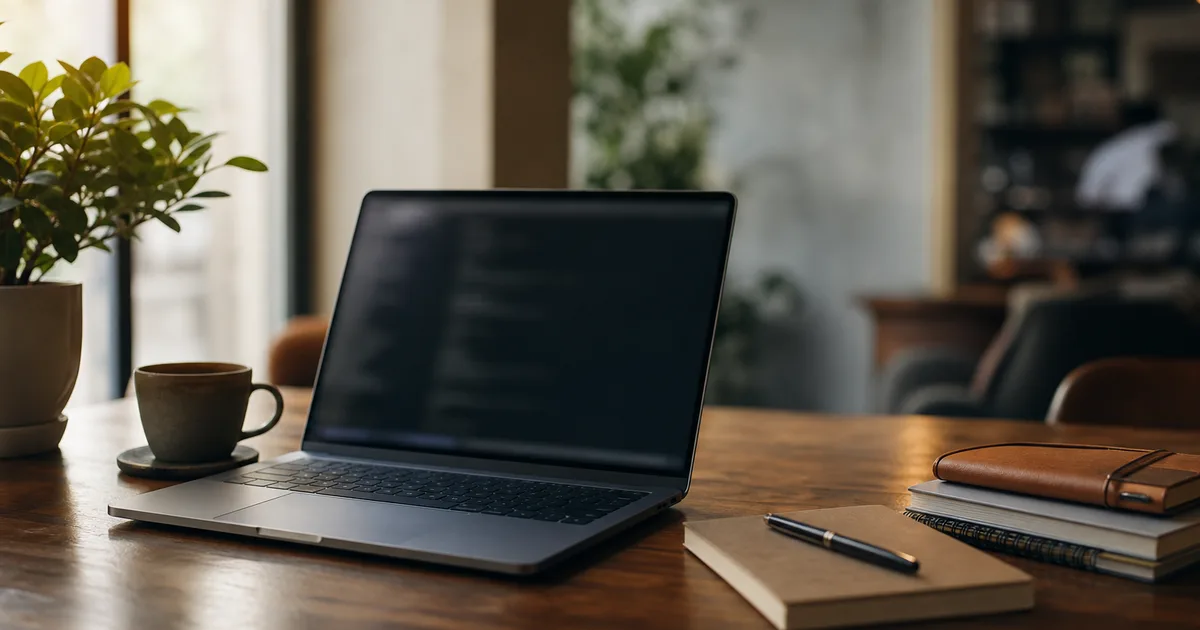 A desk in transition holding a laptop with blurred code, notebooks and a coffee, bright optimistic light