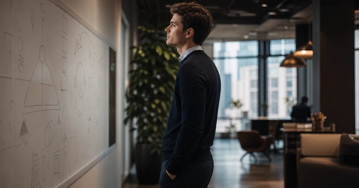 A business school student studying a whiteboard covered in framework diagrams in a modern consulting office common area, wearing business casual attire