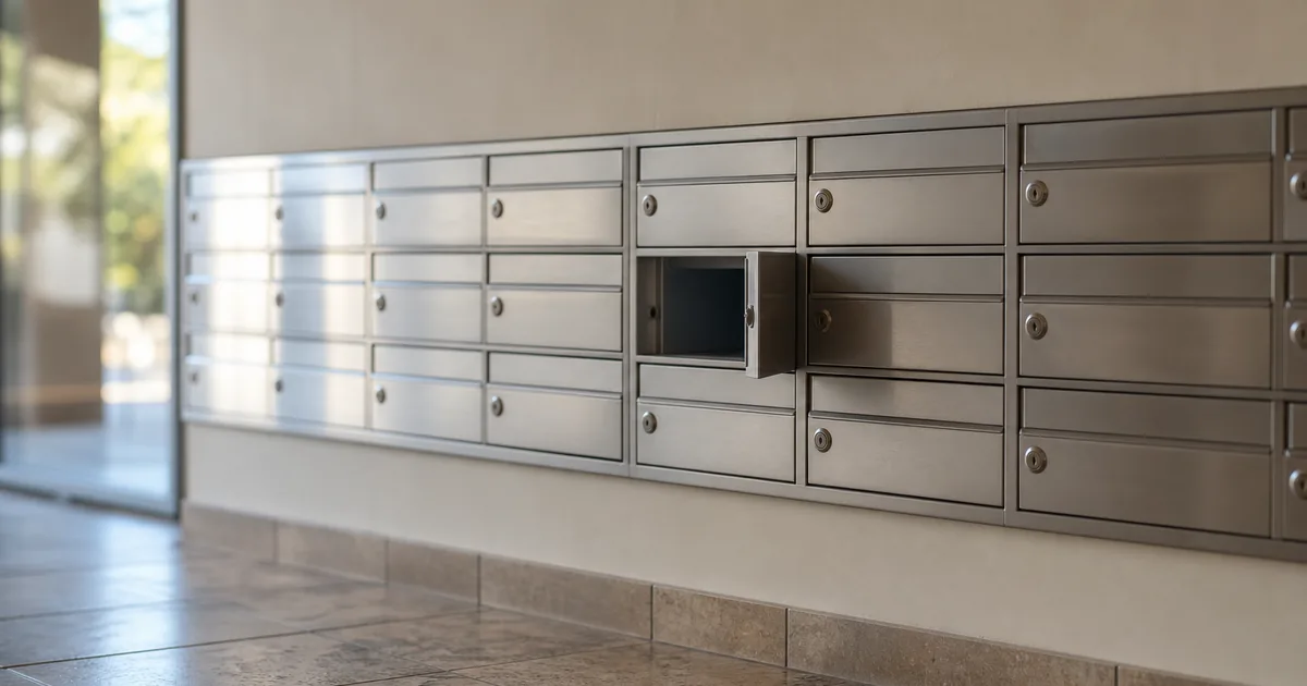 A wall of apartment mailboxes in a quiet lobby, one door slightly ajar and empty, with soft daylight from a glass entrance